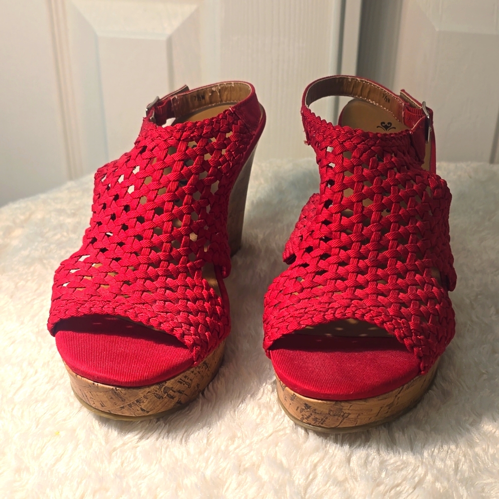 Red Woven Cork Wedge Sandals - Women